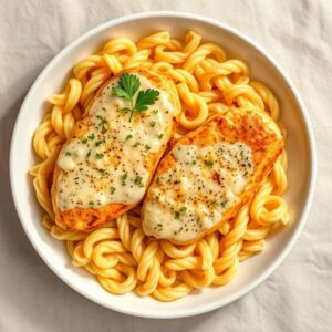 Creamy Garlic Parmesan Chicken with Cheesy Twisted Pasta