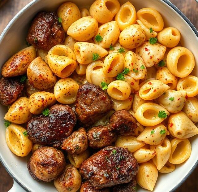 Cajun Steak Bites & Cheesy Garlic Shells Skillet Recipe