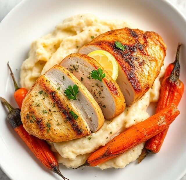 Garlic Herb Chicken With Creamy Mash & Roasted Carrots Recipe