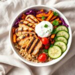Grilled Chicken Power Bowl with Tzatziki and Sweet Potato Fries