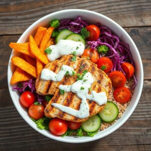 Grilled Chicken Power Bowl with Tzatziki and Sweet Potato Fries