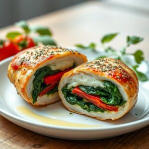 Roasted Red Pepper Spinach Mozzarella Stuffed Chicken
