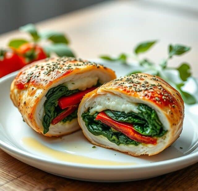 Roasted Red Pepper Spinach Mozzarella Stuffed Chicken